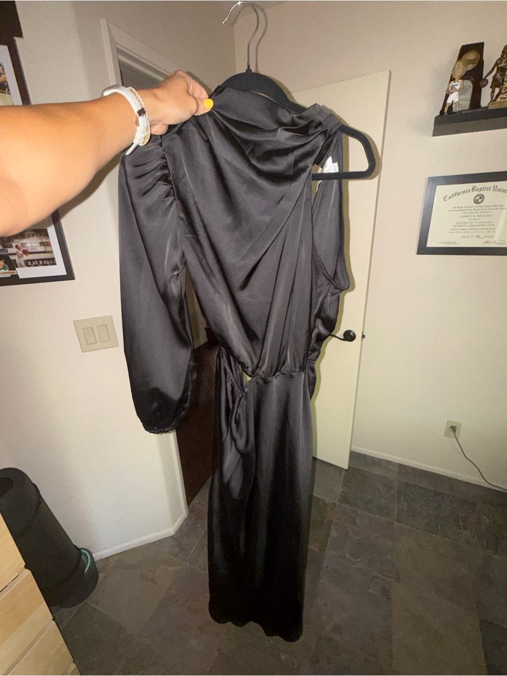 Hello Molly Black Satin one sleeve full length dress